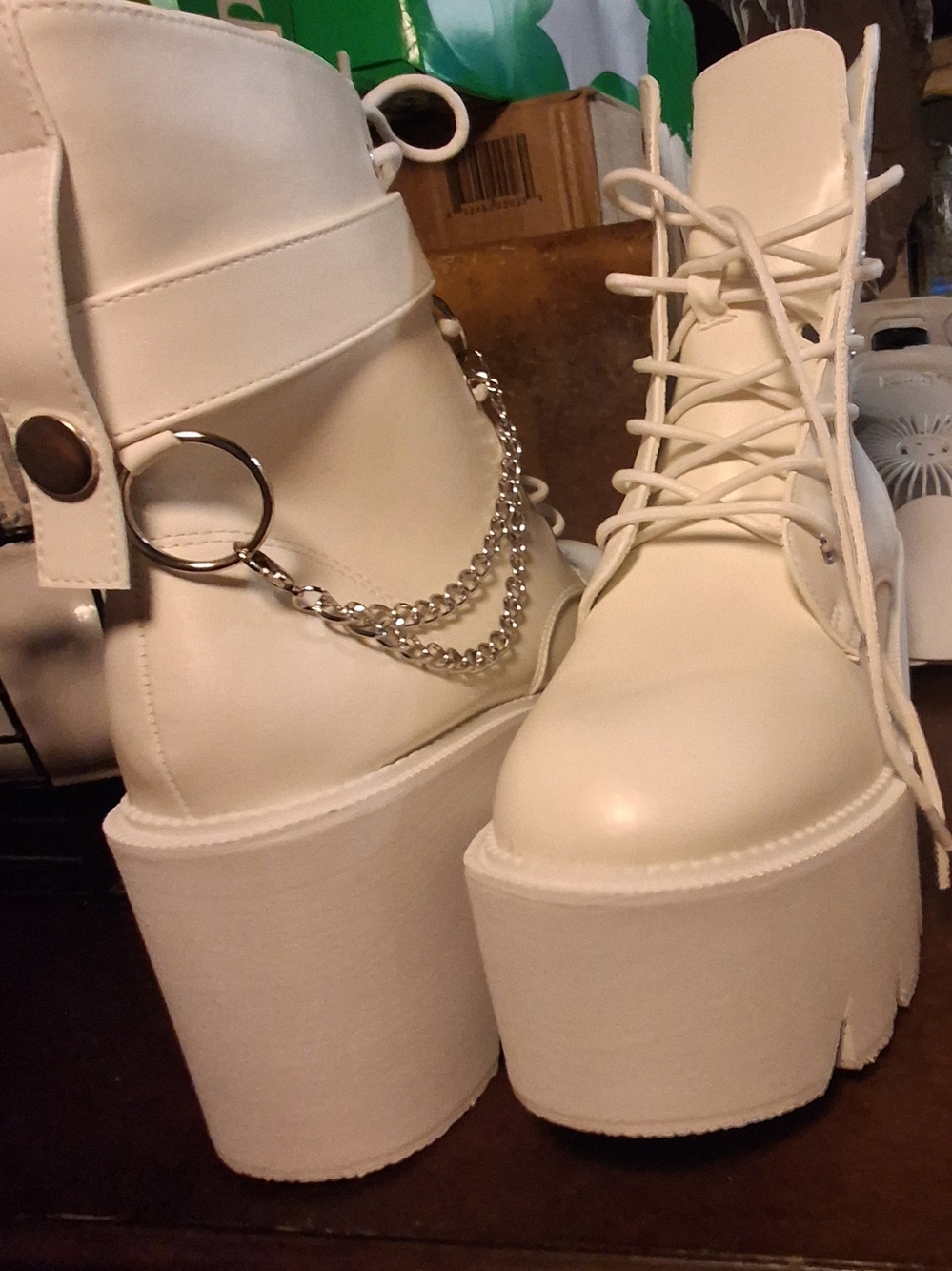 Chunky Platform Lace-Up Ankle Boots with Chain Accent - Bright White Size 9 - Picture 3 of 6